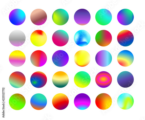 Set of rounded holographic gradient sphere button. Multicolor cyan fluid circle gradients  colorful soft round buttons or vivid color spheres. Vector illustration. Isolated on white background.