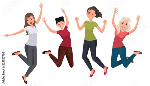 Vector illustration of women in different poses. Cartoon realistic people.Flat young woman.Front view.Happy group of people jumping on a white background. Women in casual clothes. Healthy lifestyle.