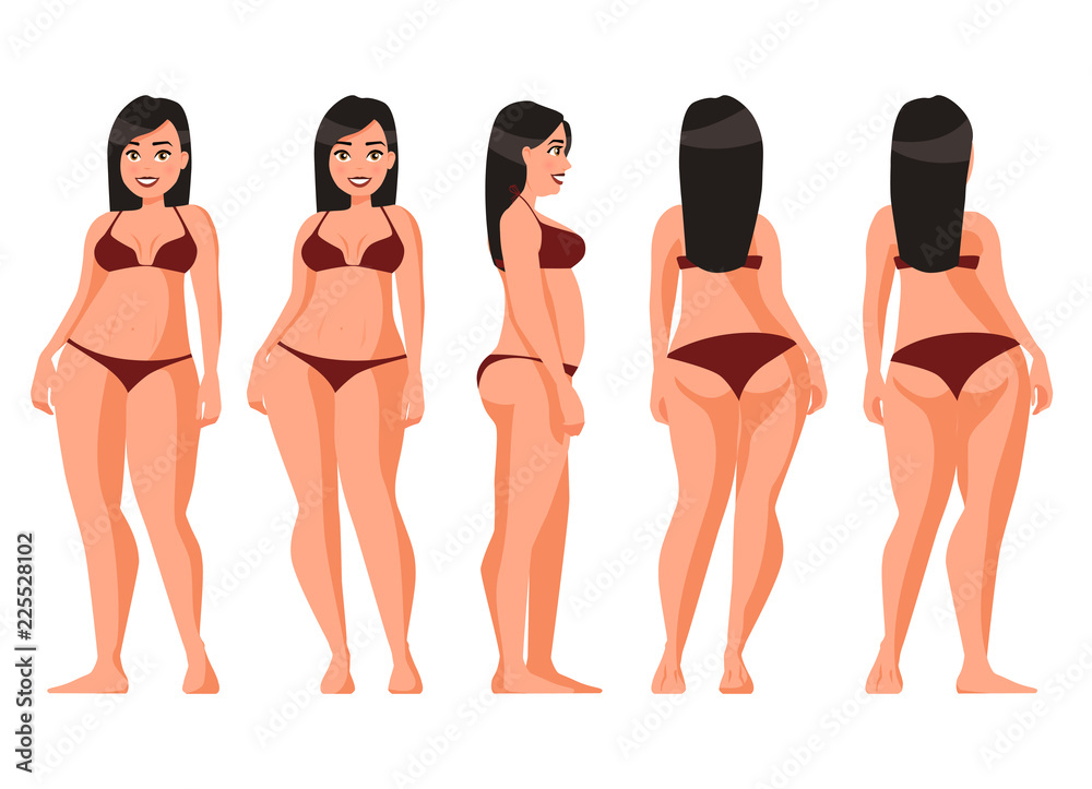 Vetor de Vector illustration of women in underwear on the white background. Vector cartoon realistic people illustration. Flat young woman. Front view  girl, Side view, Back side view , Isometric view. Fat girl