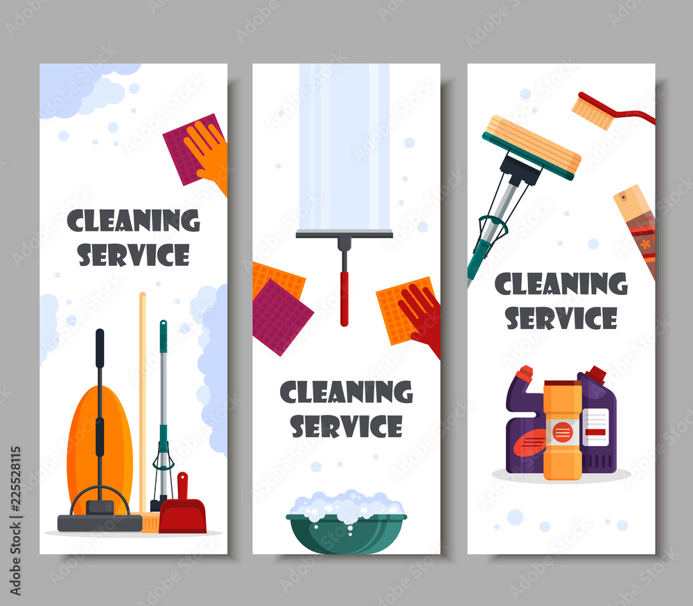 Cleaning service horizontal banners. Set house cleaning tools, detergent and disinfectant products, household equipment for washing - flat vector illustration