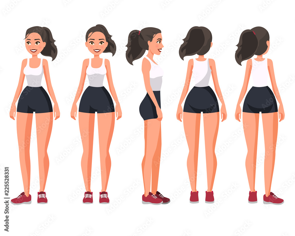 Vector illustration of  sportive woman in sportswear under the white background .Cartoon realistic people illustration. Flat young woman. Front view girl, Side view ,Back side view , Isometric view.