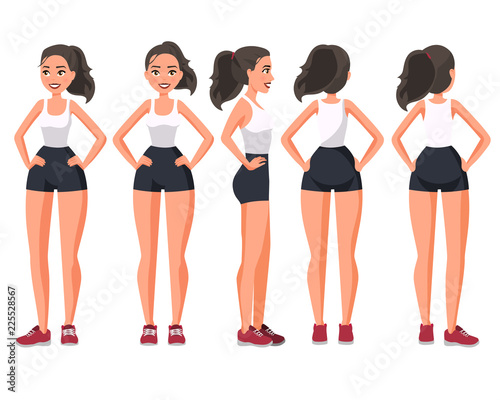 Vector illustration of  sportive woman in sportswear with hands on hips .Cartoon realistic people illustration. Flat young woman. Front view girl, Side view ,Back side view , Isometric view. Training