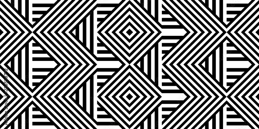 Seamless pattern with striped black white straight lines and diagonal inclined lines (zigzag, chevron). Optical illusion effect, op art. Background for cloth, fabric, textile, tartan. Seamless pattern with striped black white straight lines and diagonal inclined lines (zigzag, chevron). Optical illusion effect, op art. Background for cloth, fabric, textile, tartan.