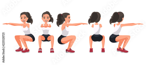 Vector illustration of sportive squatting woman in sportswear isolated. Cartoon realistic people illustration. Flat young woman. Front view girl, Side view ,Back side view , Isometric. Squats exercise