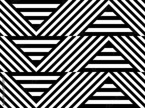 Seamless pattern with striped black white straight lines and diagonal inclined lines (zigzag, chevron). Optical illusion effect, op art. Vector vibrant decorative background, texture.