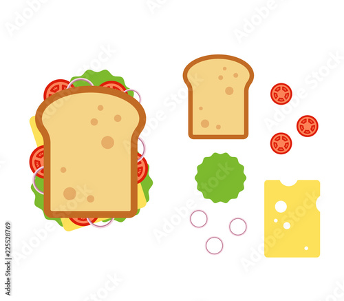 Sandwiche top view with tomato, onion, salad, cheese isolated on white background, snack for breakfast and lunch, flat vector illustration