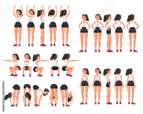 Vector illustration of  sportive woman in sportswear in different poses .Cartoon realistic people illustration. Flat young woman. Front view girl, Side view ,Back side view , Isometric view.