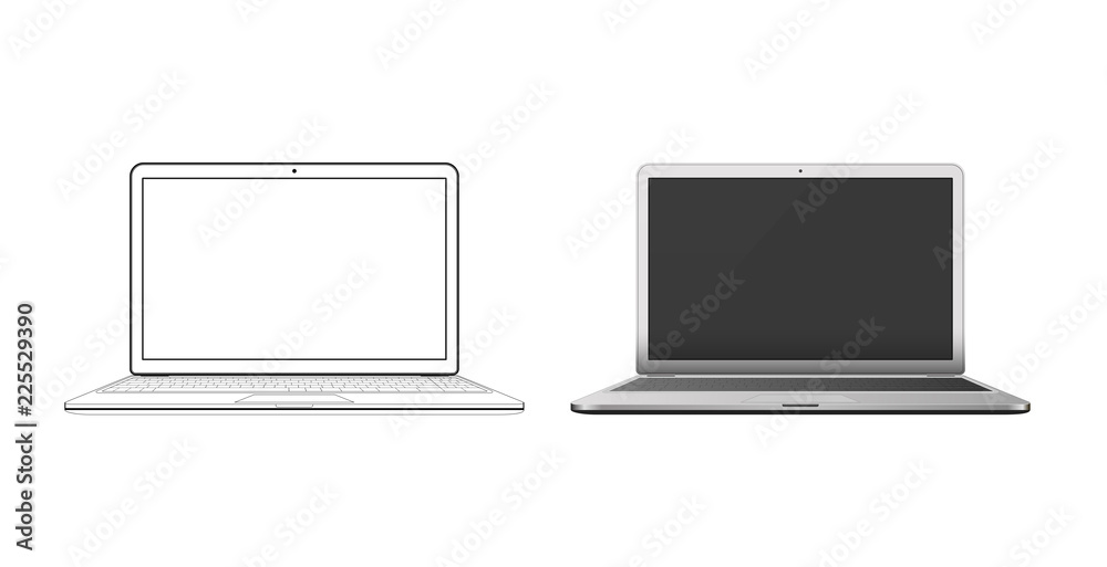 Mockup notebook for presentations. Bright laptop and drawing notebook on a white background. Vector illustration. Mockup notebook for presentations. Bright laptop and drawing notebook on a white background. Vector illustration.