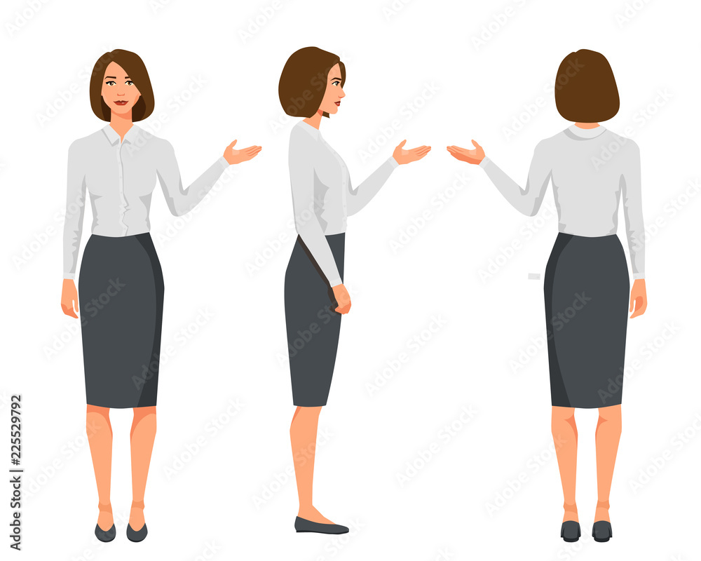 Vector illustration of three business woman in official clothes.Question pose.Presentation pose.Cartoon realistic people.Flat young woman.Front view girl,Side view girl,Back side of girl Vector illustration of three business woman in official clothes.Question pose.Presentation pose.Cartoon realistic people.Flat young woman.Front view girl,Side view girl,Back side of girl