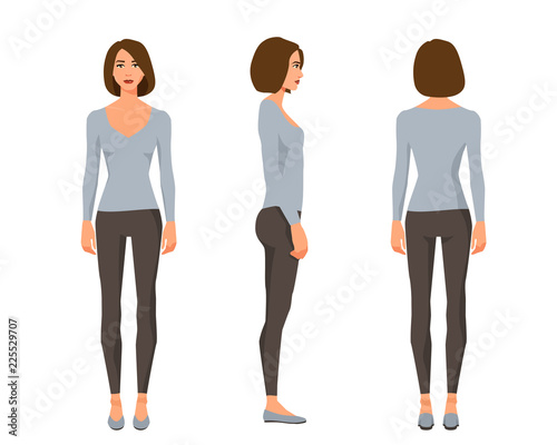 Vector illustration of three girl with shirt hair in casual clothes under the white background.Cartoon realistic people illustration.Flat young woman.Front view girl,Side view girl,Back side view girl