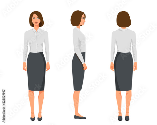 Vector illustration of three business woman with short hair in official clothes.Cartoon realistic people illustration.Flat young woman.Front view girl,Side view girl,Back side of girl