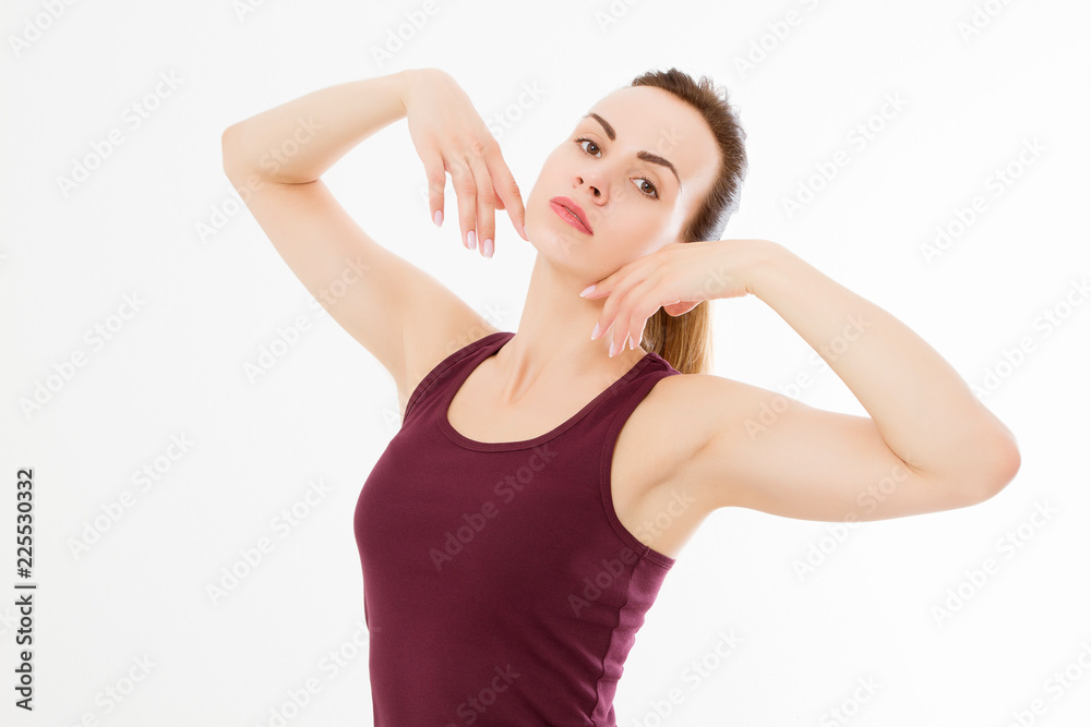 Skin care spa and armpit concept. Young caucasian woman macro face isolated on white background. Copy space. Anti aging and makeup Skin care spa and armpit concept. Young caucasian woman macro face isolated on white background. Copy space. Anti aging and makeup