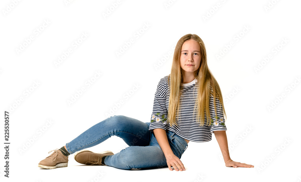 Young teen girl on white background