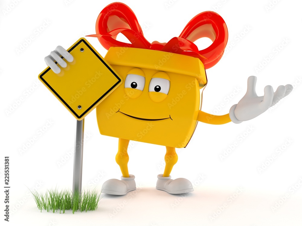 Fototapeta premium Gift character with blank road sign
