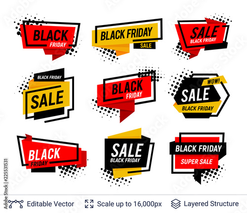 Black Friday Badges Set. Geometric shapes and text