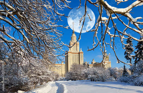 Vibrant full Moon winter collage of famous Russian unversty campus