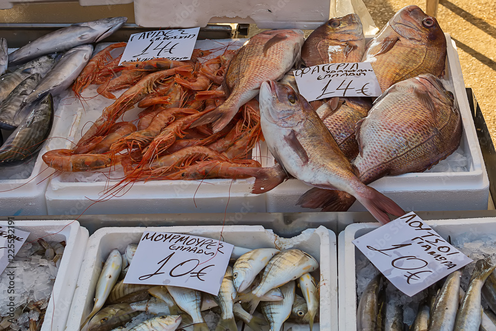 Naklejka premium Sea fish on public market in Greece