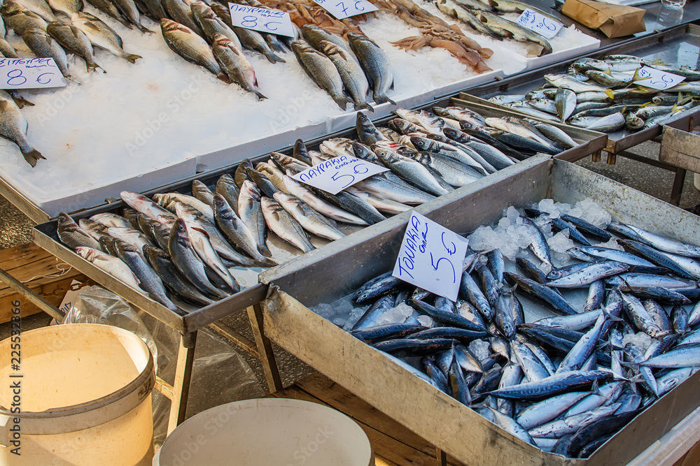Naklejka premium Sea fish on public market in Greece