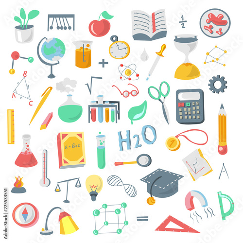 Colored Funny Back to School supplies, elements and objects. Autumn back to school supplies in funny doodle cartooning design. School supplies icon collection. Set of school science objects, doodle