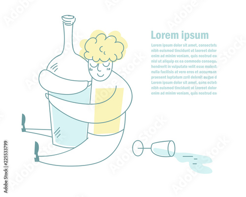 Alcohol dependence Line art Vector. Cartoon. Isolated Man