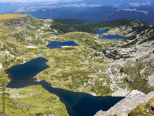 Elevated view to four of the Seven Rila Lakes in Rila Mountains, Bulgaria - the Twin, the Trefoil, Fish Lake and the Lower Lake photo