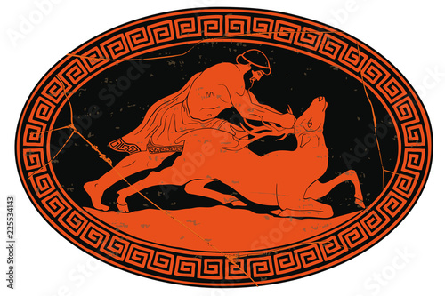 Hercules catches the Keriniysky Lan. 12 exploits of Hercules. Oval medallion isolated on a white background.