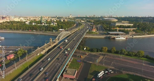 Moscow, Russia. Flight over Moscow - Luzhniki stadium, Moscow river, highway and railway. Aerial flights. UltraHD 4K