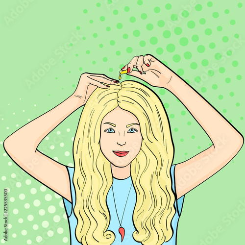 Pop art background. The girl uses capsules to nourish and strengthen the hair, scalp and nails. Vector