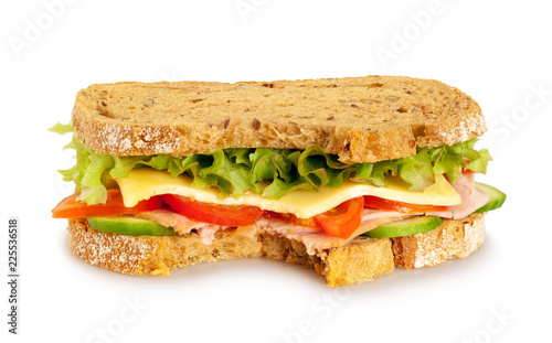 Bitten fresh sandwich on white background