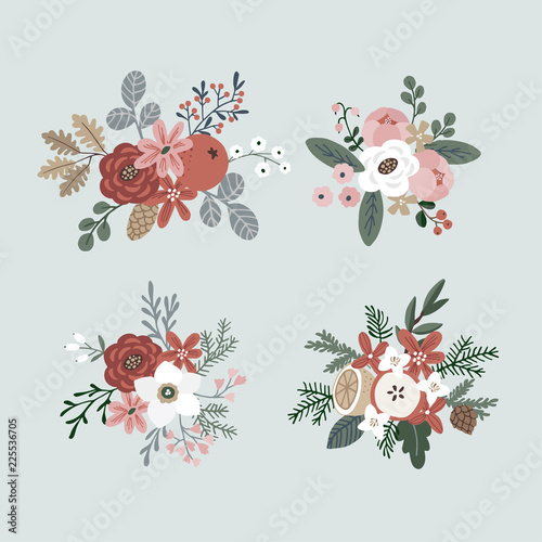 Set of hand drawn winter bouquets made of evergreen branches, leaves, berries, fruit and flowers. Christmas floral composition. Isolated vector objects.