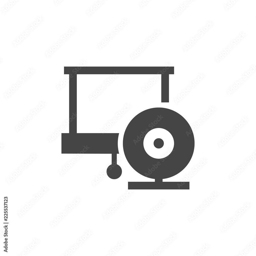 Projector screen and video camera flat icon. Online blog, stream, webinar concept graphic logo. Multimedia button. Series labels of web conference, seminar. Vector illustration isolated on white Projector screen and video camera flat icon. Online blog, stream, webinar concept graphic logo. Multimedia button. Series labels of web conference, seminar. Vector illustration isolated on white