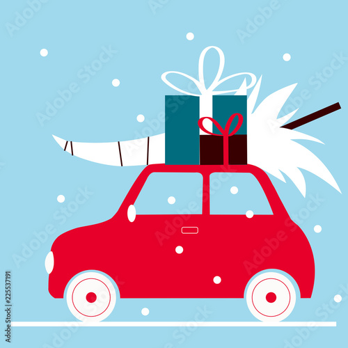 Merry Christmas card.Red car with a Christmas tree and gifts.  Vector illustration