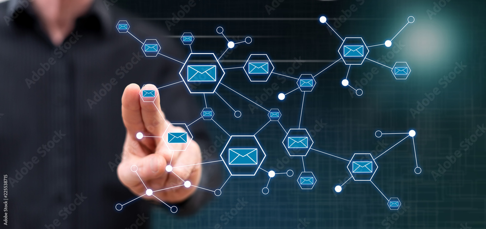 Man touching a communication network Man touching a communication network