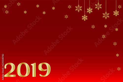 Mockup, template for banner, greetings card with New Year and Christmas, with the inscription 2019 and golden snowflakes of different shapes and sizes. Red background. Vector illustration.