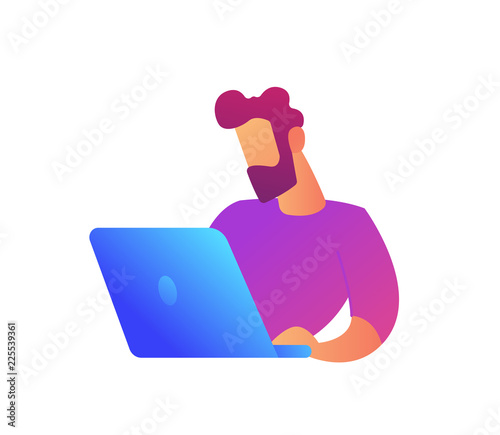 Programmer working at laptop screen vector illustration. Business analysis and marketing strategy, freelance and IT specialist, SEO manager and digital marketing concept. Isolated on white background.