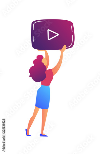 Female video blogger holding video player icon. Web page and presentation, e-learning and webinar training technology, vlogger and social media concept. Isolated on white background.