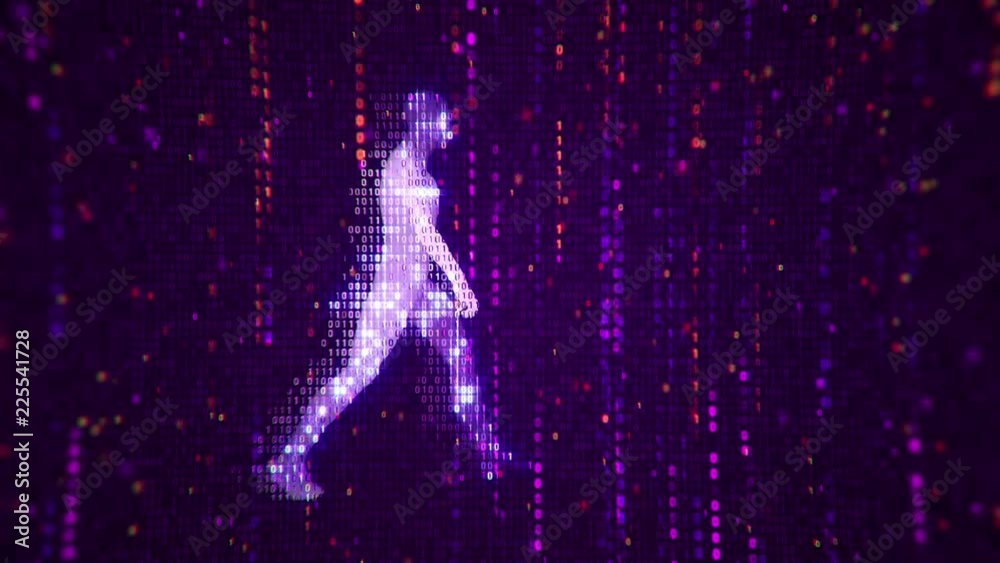 Abstract background with animation flickering binary digits and earth symbol walking human from binary digits. Animation of seamless loop. Abstract background with animation flickering binary digits and earth symbol walking human from binary digits. Animation of seamless loop.
