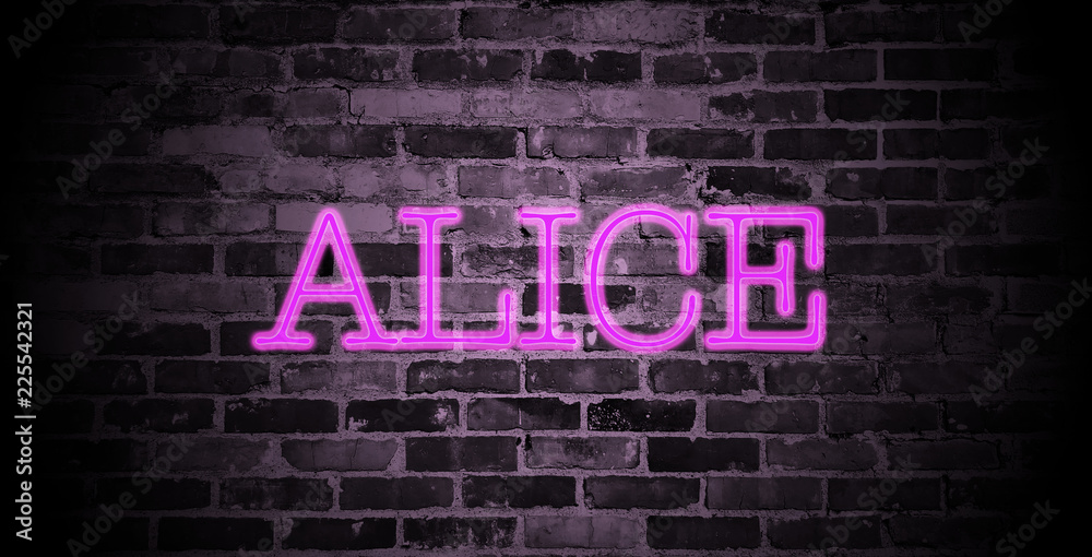 first name Alice in pink neon on brick wall
