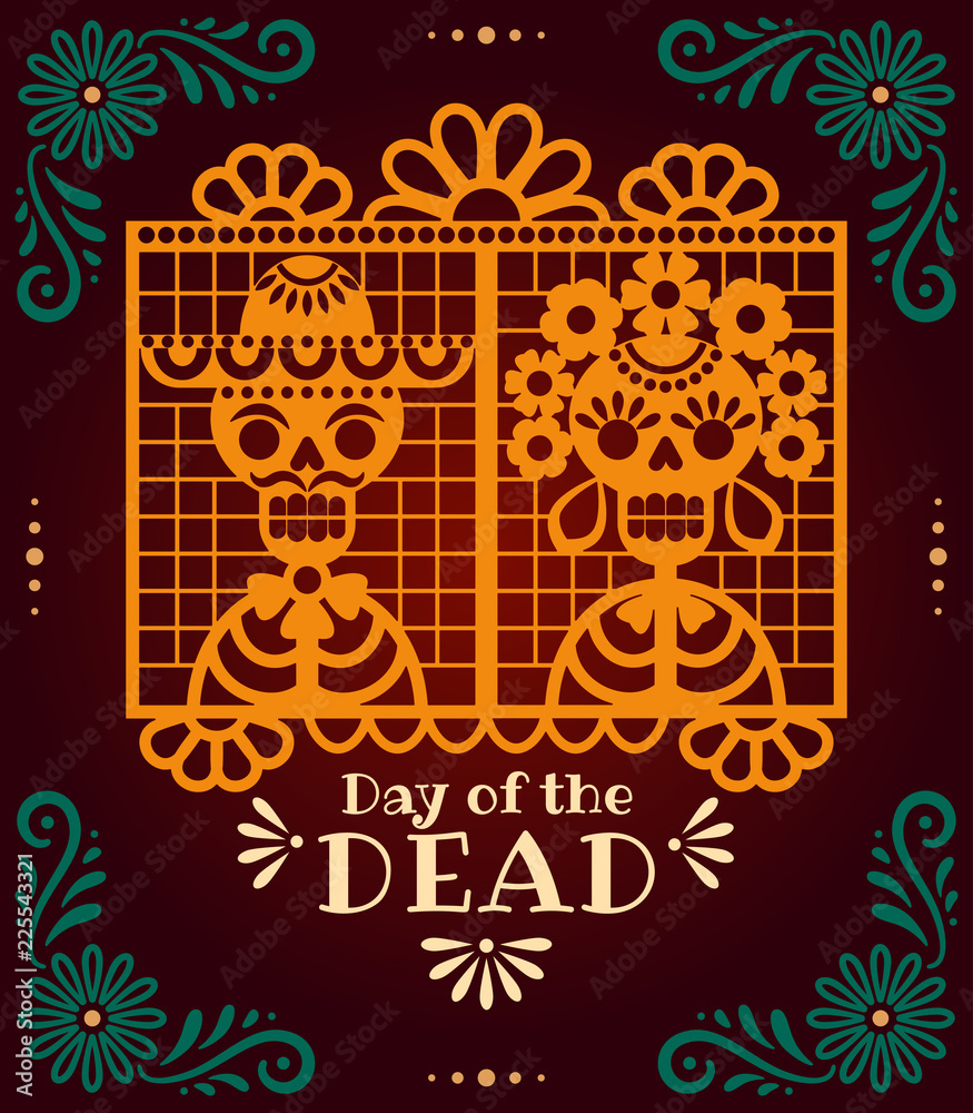 Day of the Dead papel picado. Vector illustration with traditional Mexican paper cuttings of skeletons and flowers. Isolated on dark background.