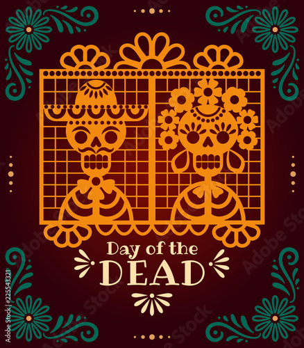 Day of the Dead papel picado. Vector illustration with traditional Mexican paper cuttings of skeletons and flowers. Isolated on dark background.