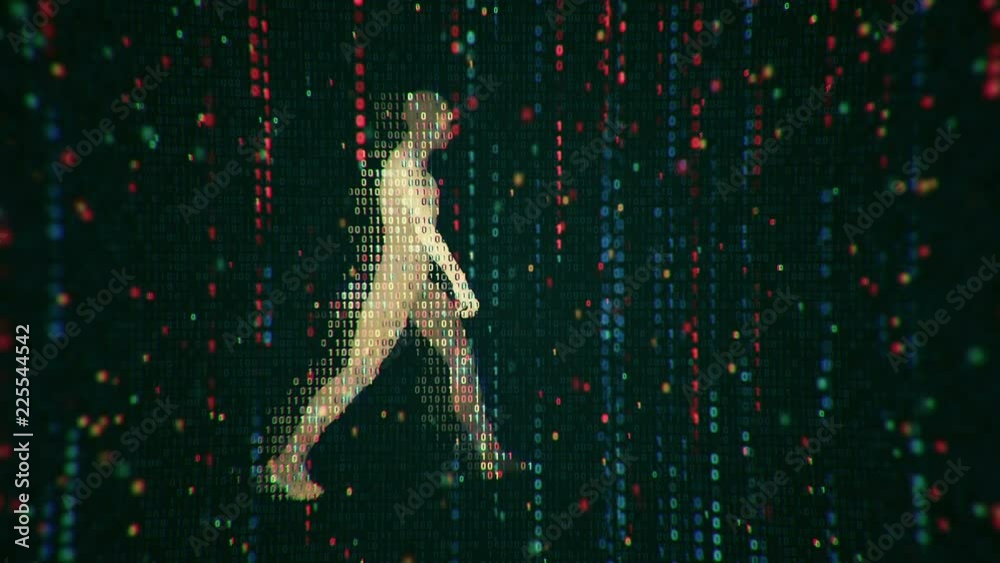 Abstract background with animation flickering binary digits and earth symbol walking human from binary digits. Animation of seamless loop. Abstract background with animation flickering binary digits and earth symbol walking human from binary digits. Animation of seamless loop.