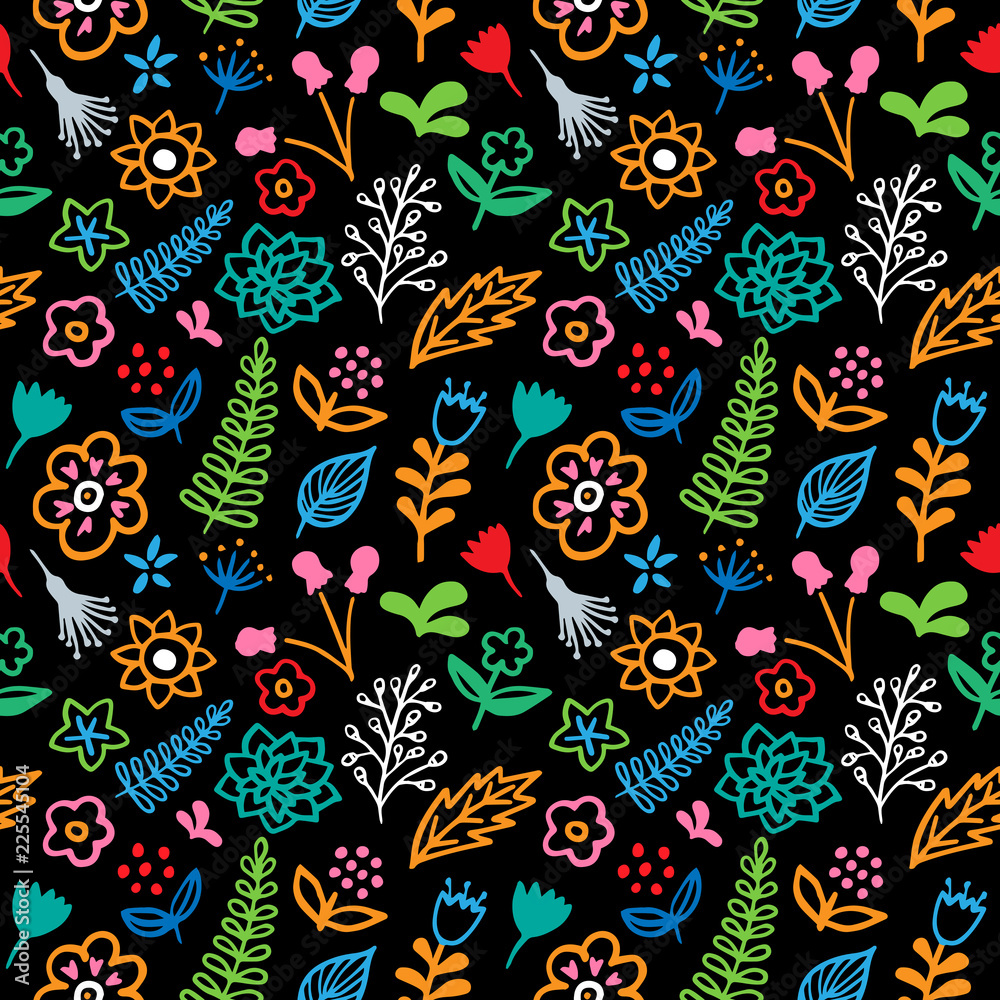 Fototapeta premium Seamless hand-drawn vector color floral pattern