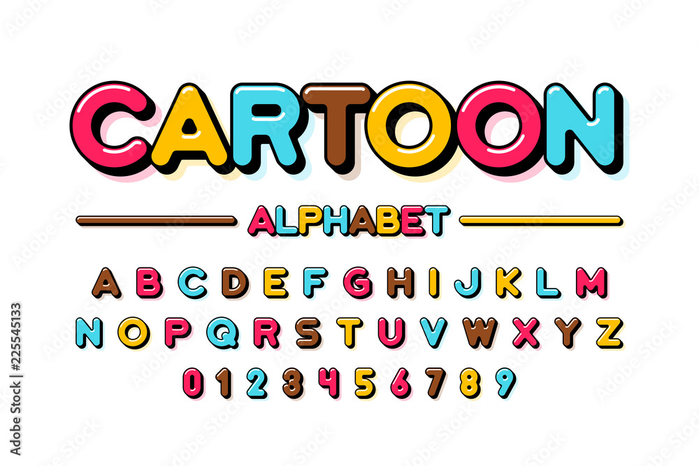Colorful cartoon style font design, alphabet letters and numbers Stock ...