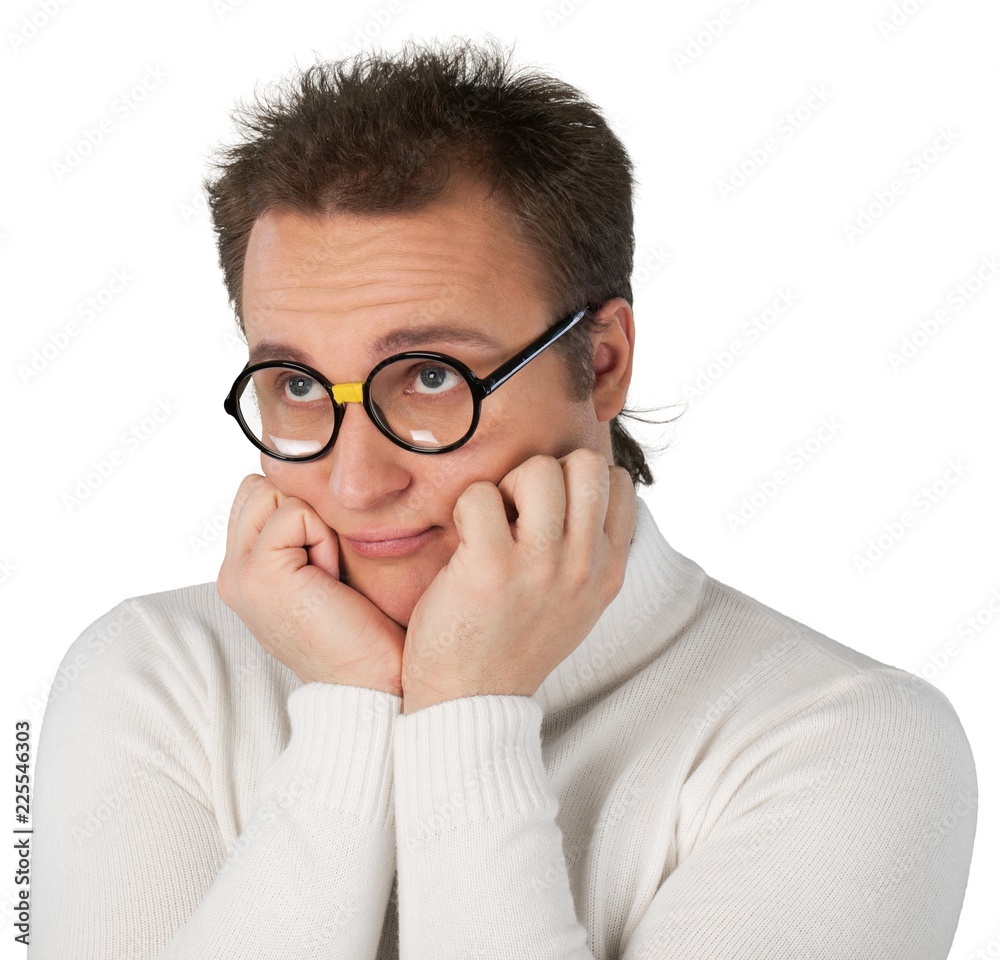 Portrait of young businessman with glasses in white sweater with Portrait of young businessman with glasses in white sweater with