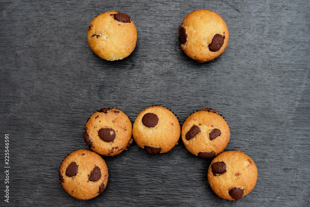 Chocolate chip muffins with sad face shape.