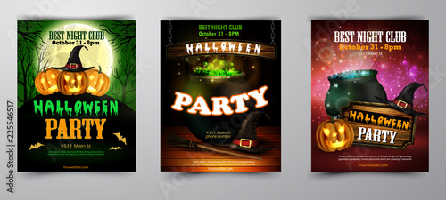 Halloween party invitation on wooden wall background