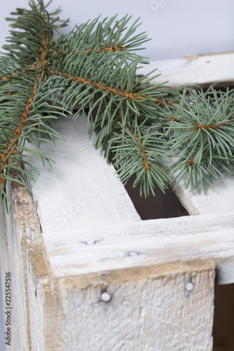 Blue spruce branches on a wooden box of boards, painted in white.