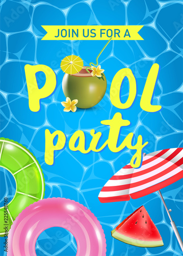 Pool party invitation vector illustration. Top view of swimming pool with pool floats.