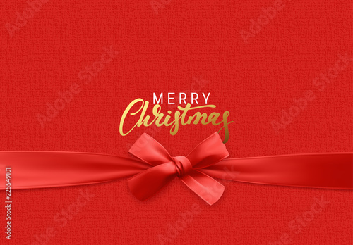 Merry Christmas Holiday background. Greeting card, banner, poster. Handwritten text, realistic textured pattern, pull ribbon bow.