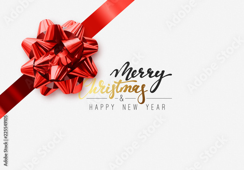 Merry Christmas Holiday background. Greeting card, banner, poster. Handwritten text, realistic textured pattern, pull ribbon red bow.